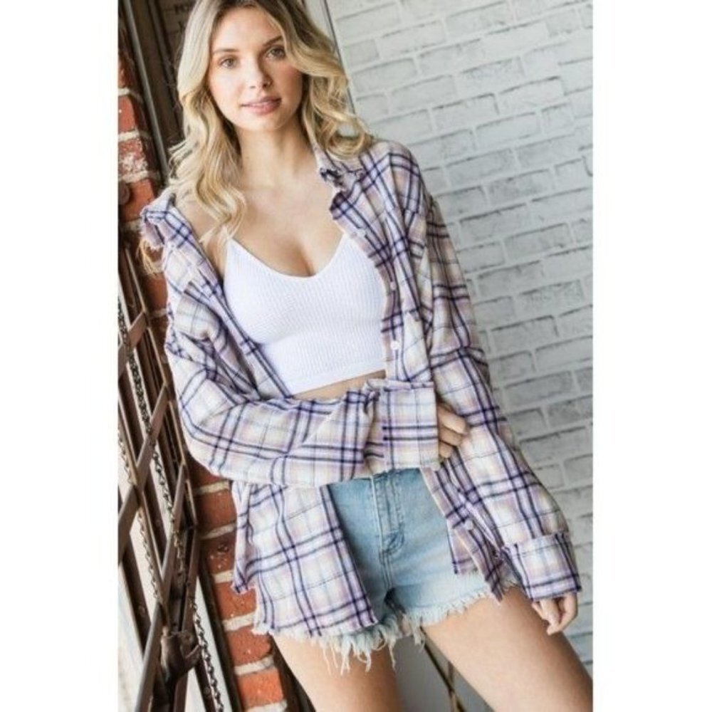 VEVERET Plaid Button Down Long Sleeve Raw Hem Shacket Shirt Lavender M & L NWT - Picture 2 of 16
